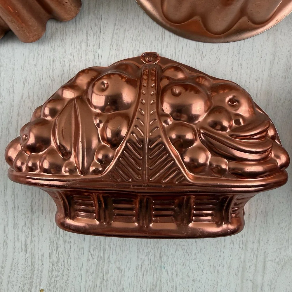 4 Vtg Copper Aluminum Jello Cake Molds Wall Hanging Fruit Basket Bunt Hobnail